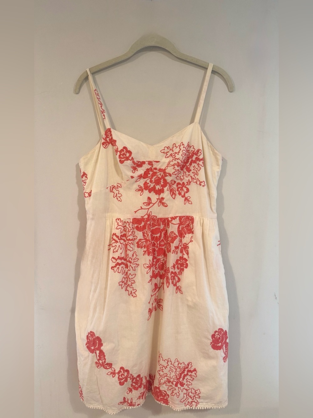 J.Crew Coral Floral Embroidered Cotton Empire Waist Sundress w/ pockets, Size 8